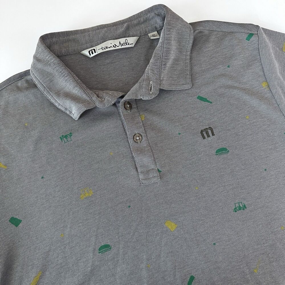 Travis Mathew Golf Polo Shirt Mens Size MEDIUM Gray Golfcart Beer Print